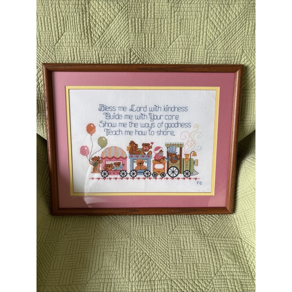 Handmade NeedlePoint Teddy Bear Train Nursery Prayer Wood Framed Wall Art 16x13"
